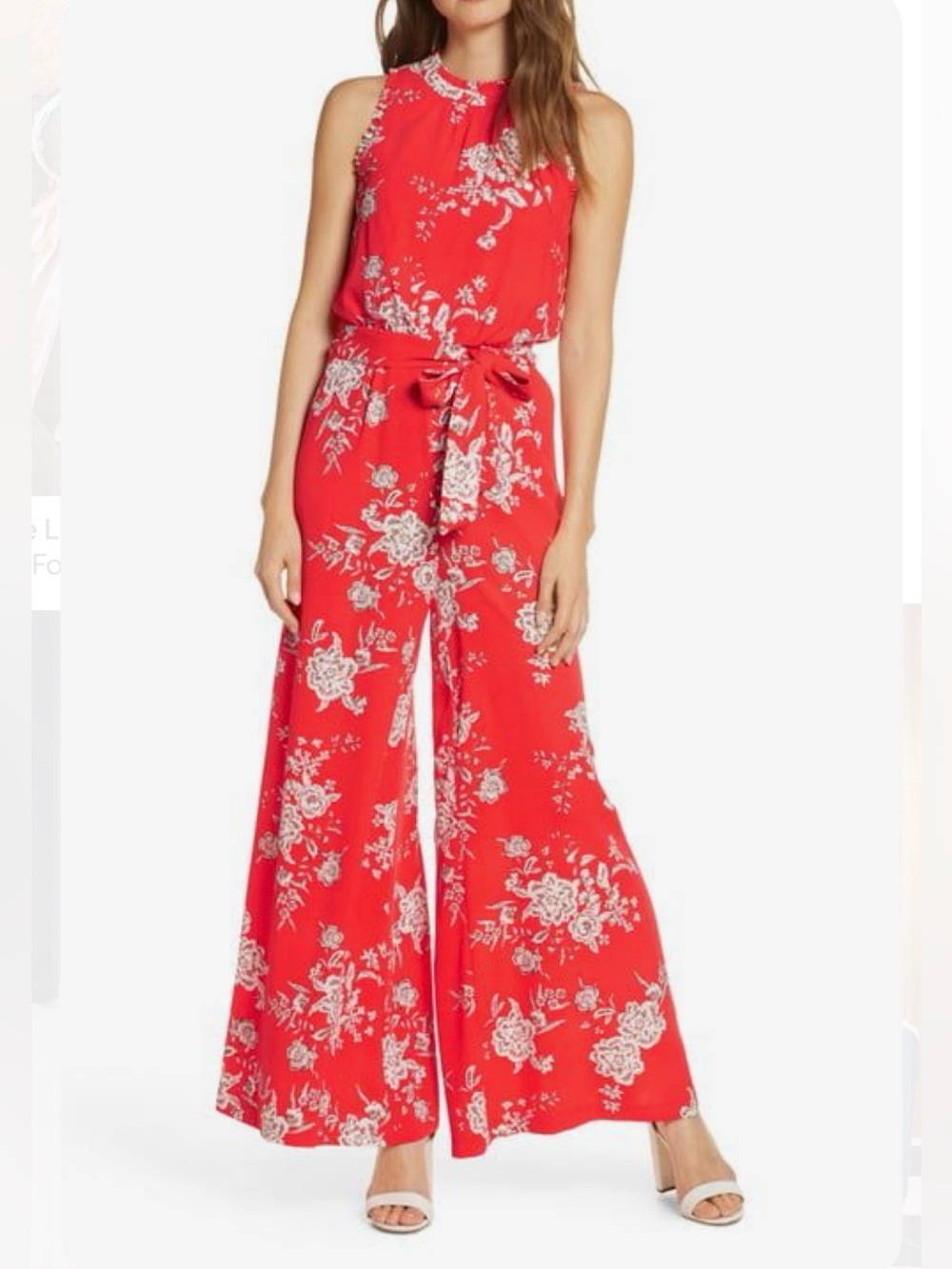 Vince Camuto Red Floral Ruffle Neck Wide Leg Jumpsuit Size 12 NWT
